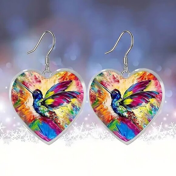 Independent Jewelry - Silver Heart Shaped HUMMINGBIRD Dangle Earrings